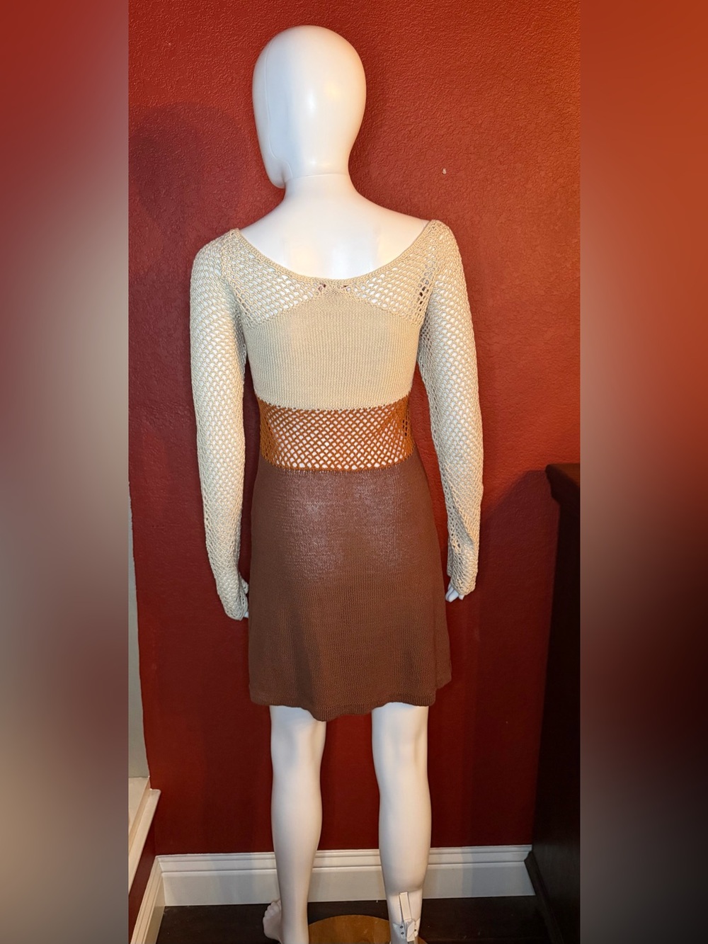 STAUD Jocelyn Mixed Stitch Crochet Long Sleeve Mini Dress Neutral. Size L - Picture 4 of 10